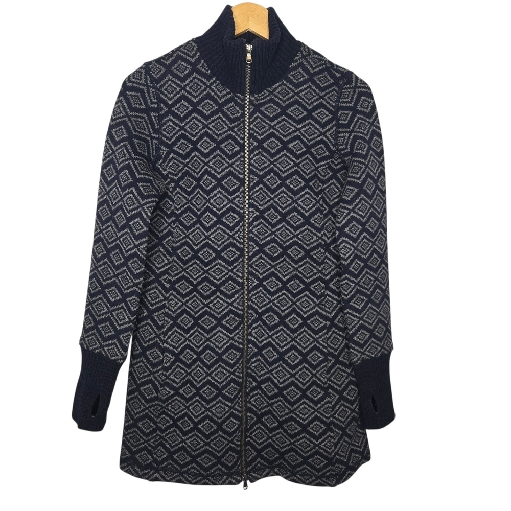 DAKINI Womens Navy Blue Geo Print Wool Blend Full Zip Sweater Jacket Size Small